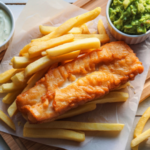 Traditional fish & chips served on a wooden board. There are sides of mushy peas, tartare sauce and lemon wedges.